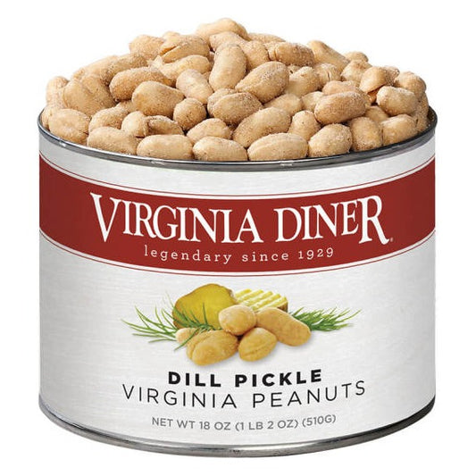 Virginia Diner Dill Pickle Virginia Peanuts 18 oz tin with red band label showing pickle slices and dill, heaped with seasoned peanuts