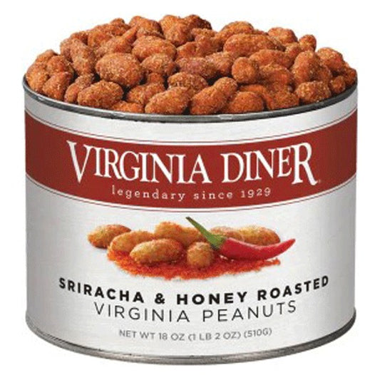 Virginia Diner Sriracha & Honey Roasted Virginia Peanuts 18 oz tin with red band label and chili pepper artwork, heaped with red-seasoned peanuts