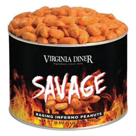 Virginia Diner Savage Raging Inferno Peanuts 18 oz tin, black label with flames, heaped with orange-seasoned peanuts; label reads Net Wt 18 oz (1 lb 2 oz) (510 g)