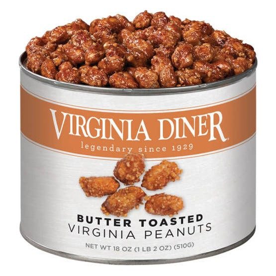 Virginia Diner Butter Toasted Virginia Peanuts 18 oz tin with orange band label, heaped with glossy candy-coated peanuts