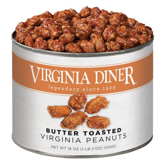 Virginia Diner Butter Toasted Virginia Peanuts 18 oz tin with orange band label, heaped with glossy candy-coated peanuts
