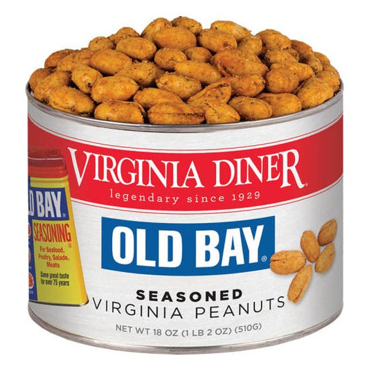 Virginia Diner Old Bay Seasoned Virginia Peanuts 18 oz tin, red and white label with the Old Bay logo and seasoning can, filled with orange-seasoned peanuts; label reads Net Wt 18 oz (1 lb 2 oz) (510 g)