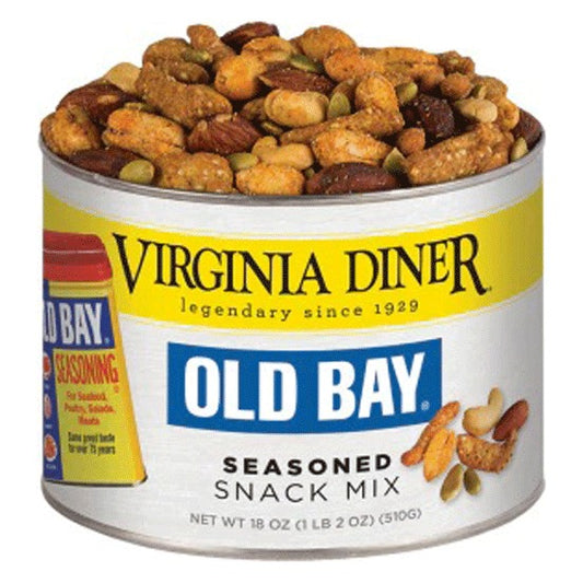 Virginia Diner Old Bay Seasoned Snack Mix 18 oz tin with yellow label band and Old Bay logo, filled with seasoned peanuts, almonds, pumpkin seeds and sesame sticks; label reads Net Wt 18 oz (1 lb 2 oz) (510 g)