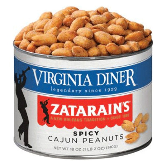 Virginia Diner Zatarain's Spicy Cajun Peanuts 18 oz tin, blue label band with the red Zatarain's logo and a trumpet player silhouette, filled with seasoned peanuts; label reads Net Wt 18 oz (1 lb 2 oz) (510 g)