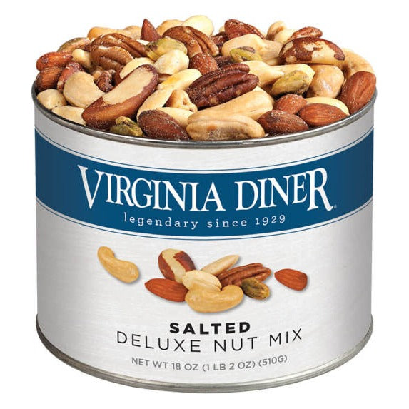Virginia Diner Salted Deluxe Nut Mix 18 oz tin, blue label band, heaped with pecans, Brazil nuts, almonds, cashews and peanuts; label reads Net Wt 18 oz (1 lb 2 oz) (510 g)