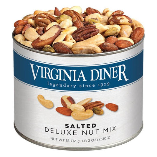 Virginia Diner Salted Deluxe Nut Mix 18 oz tin, blue label band, heaped with pecans, Brazil nuts, almonds, cashews and peanuts; label reads Net Wt 18 oz (1 lb 2 oz) (510 g)