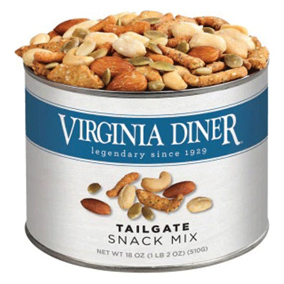 Virginia Diner Tailgate Snack Mix 18 oz tin, blue label band, filled with almonds, cashews, peanuts, pumpkin seeds and sesame sticks; label reads Net Wt 18 oz (1 lb 2 oz) (510 g)