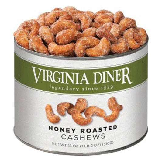 Virginia Diner Honey Roasted Cashews 18 oz tin, green label band, heaped with glazed honey roasted cashews; label reads Net Wt 18 oz (1 lb 2 oz) (510 g)