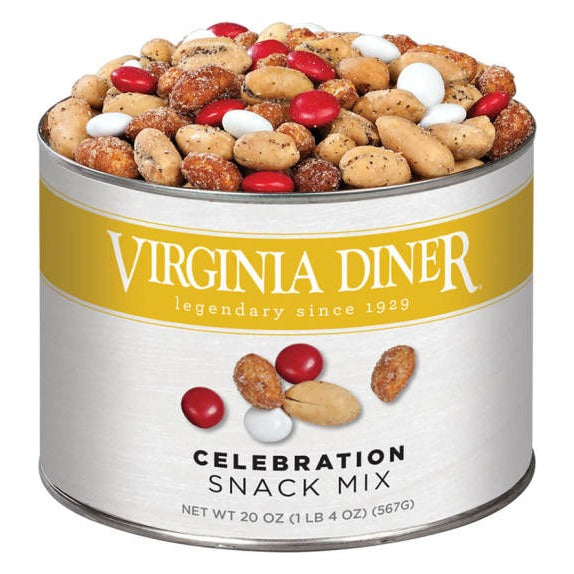 Virginia Diner Celebration Snack Mix 20 oz tin, yellow label band, filled with peppered peanuts, honey roasted peanuts and red and white candy-coated chocolate gems; label reads Net Wt 20 oz (1 lb 4 oz) (567 g)