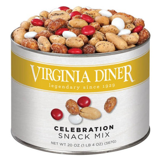Virginia Diner Celebration Snack Mix 20 oz tin, yellow label band, filled with peppered peanuts, honey roasted peanuts and red and white candy-coated chocolate gems; label reads Net Wt 20 oz (1 lb 4 oz) (567 g)