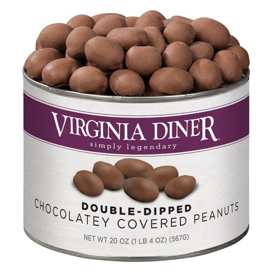 Virginia Diner Double-Dipped Chocolatey Covered Peanuts 20 oz tin, purple label band, heaped with chocolate-coated peanuts; label reads Net Wt 20 oz (1 lb 4 oz) (567 g)