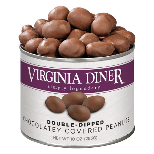 Virginia Diner Double-Dipped Chocolatey Covered Peanuts 10 oz tin, purple label band, topped with chocolate-coated peanuts; label reads Net Wt 10 oz (283 g)