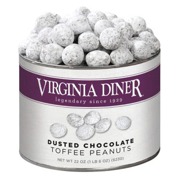 Virginia Diner Dusted Chocolate Toffee Peanuts 22 oz tin, purple label band, heaped with white powdered-sugar-dusted peanuts; label reads Net Wt 22 oz (1 lb 6 oz) (623 g)