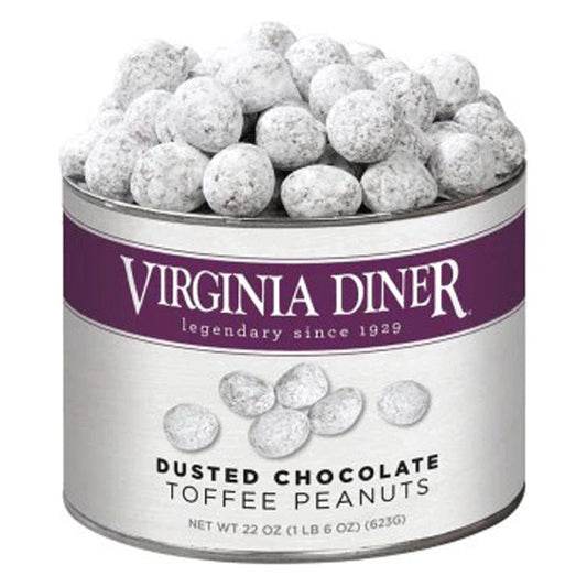 Virginia Diner Dusted Chocolate Toffee Peanuts 22 oz tin, purple label band, heaped with white powdered-sugar-dusted peanuts; label reads Net Wt 22 oz (1 lb 6 oz) (623 g)