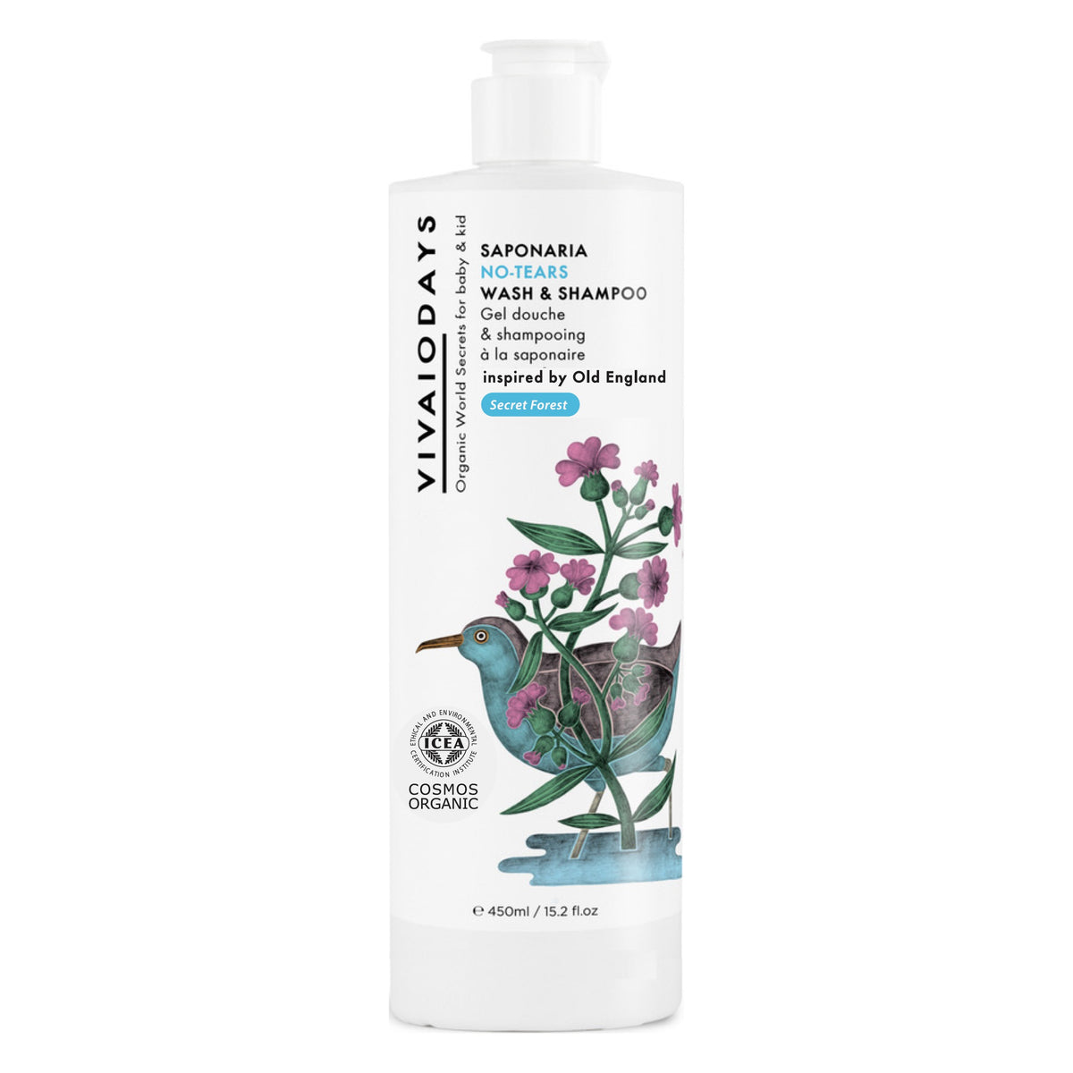 Vivaiodays Saponaria No-Tears Wash & Shampoo 450 ml / 15.2 fl oz bottle, Secret Forest scent, white label with a bird and pink soapwort flowers and a COSMOS Organic seal