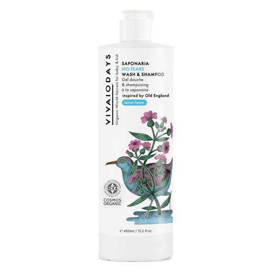 Vivaiodays Saponaria No-Tears Wash & Shampoo 450 ml / 15.2 fl oz bottle, Secret Forest scent, white label with a bird and pink soapwort flowers and a COSMOS Organic seal
