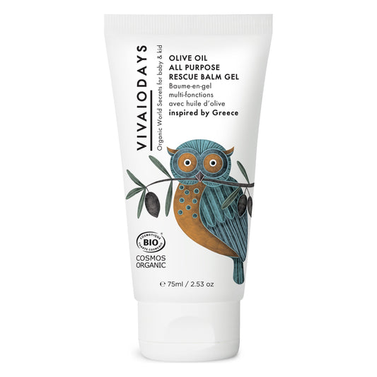 Front of the Vivaiodays Olive Oil All Purpose Rescue Balm Gel 75 ml / 2.53 oz tube with a teal and orange owl holding an olive branch and a COSMOS Organic seal