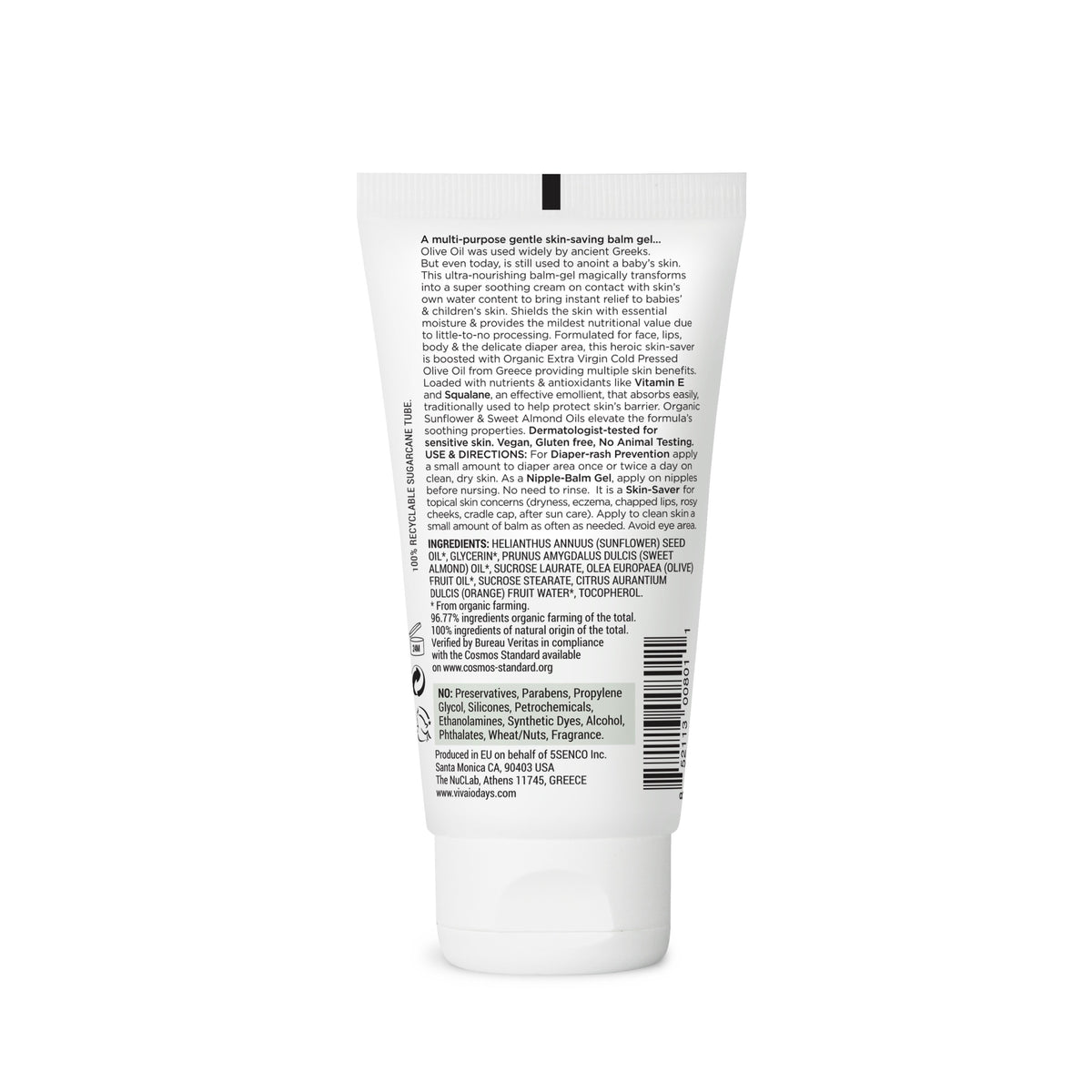 Back of the Vivaiodays Olive Oil Rescue Balm Gel tube with directions for use, the ingredient list, COSMOS certification text and the free-from list
