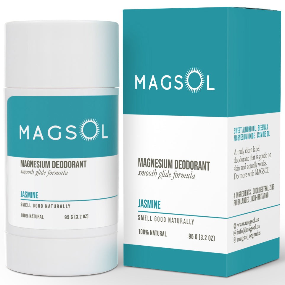 MAGSOL Jasmine Magnesium Deodorant 95 g (3.2 oz) stick beside its teal box, side panel listing sweet almond oil, beeswax, magnesium oxide and jasmine oil