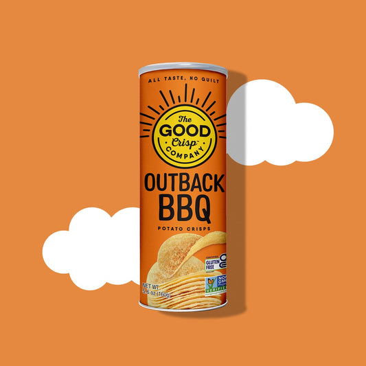 The Good Crisp Company Outback BBQ Potato Crisps 5.6 oz (160 g) orange canister, front label with gluten-free and Non-GMO marks, on an orange background