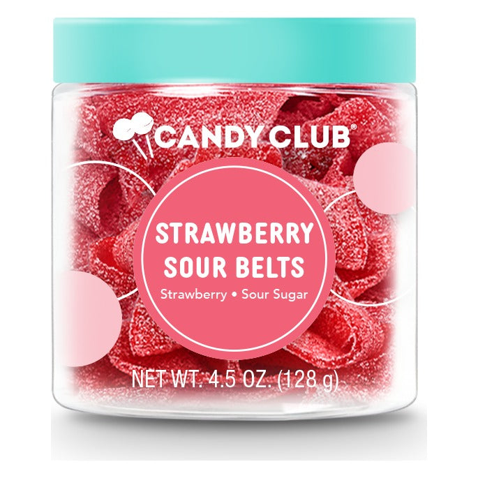 Candy Club Strawberry Sour Belts 4.5 oz cup closed with its teal lid, pink Strawberry Sour Sugar label