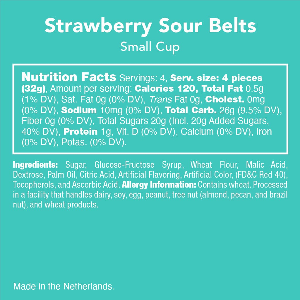 Strawberry Sour Belts small cup nutrition facts, ingredients and allergy panel stating contains wheat, made in the Netherlands
