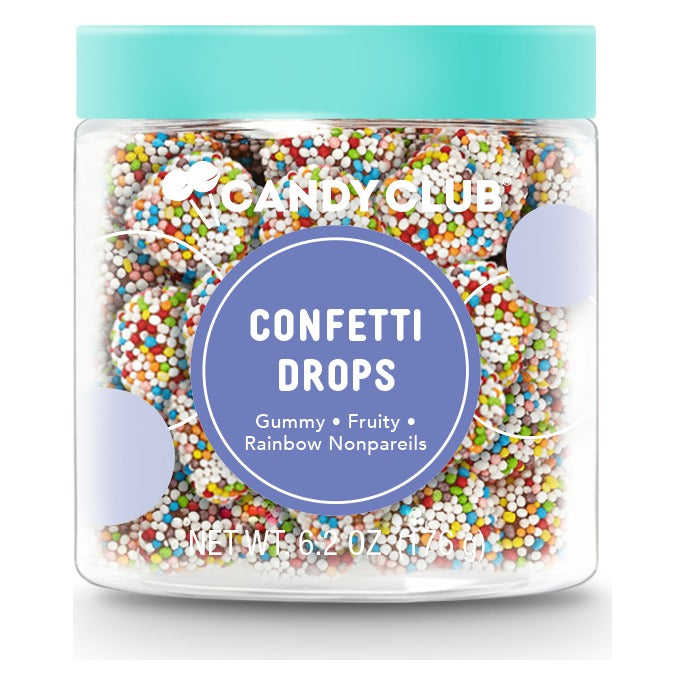Candy Club Confetti Drops 6.2 oz cup closed with its teal lid, label reading Gummy, Fruity, Rainbow Nonpareils