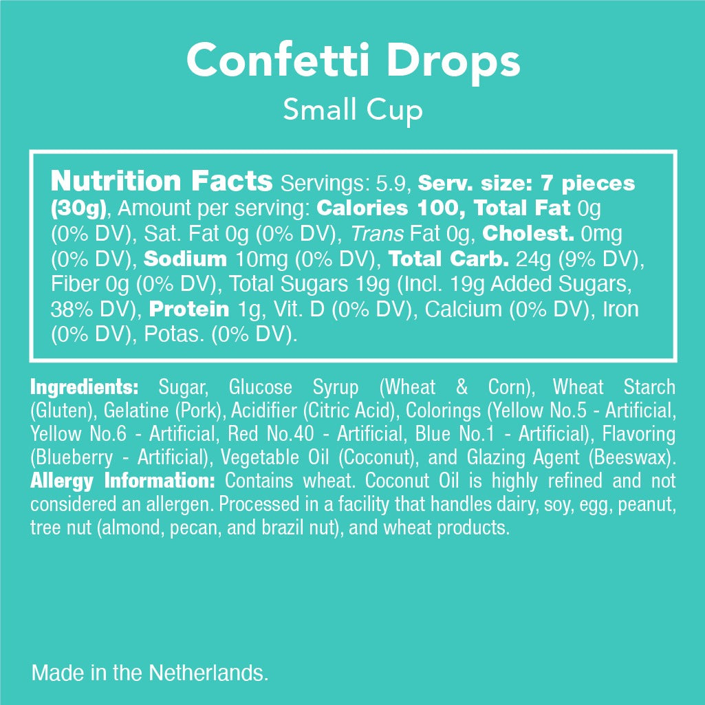 Confetti Drops small cup nutrition facts, ingredients and allergy panel stating contains wheat, made in the Netherlands