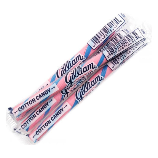 Three Gilliam Cotton Candy stick candies in clear wrappers, pink sticks with blue stripes, wrappers printed Gilliam Since 1927 and Cotton Candy