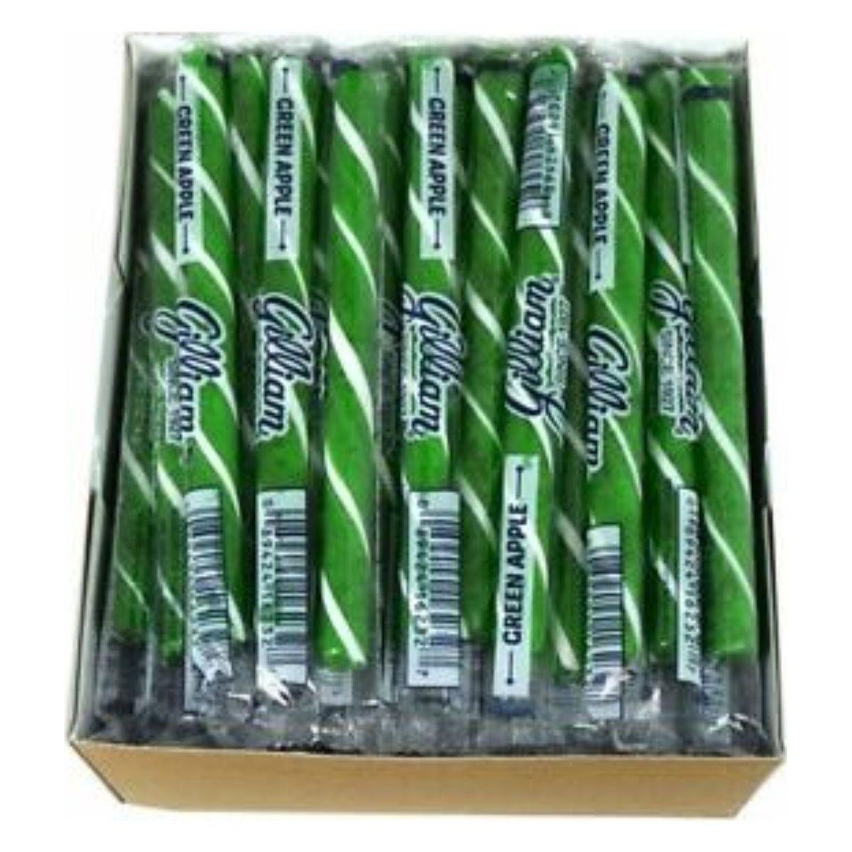 Open box of Gilliam Green Apple stick candy with rows of individually wrapped green and white striped sticks, wrappers printed Green Apple and Gilliam Since 1927