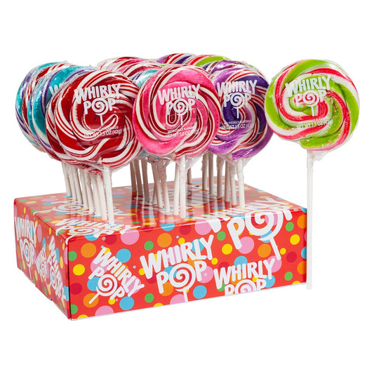 Whirly Pop variety display: red polka-dot box holding individually wrapped 1.5 oz swirl lollipops in red, pink, purple, turquoise and lime green