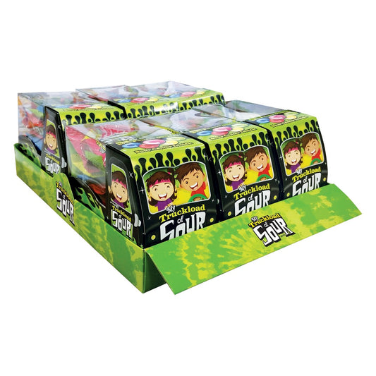 My Truckload of Sour counter display: six black and lime green toy trucks filled with wrapped sour candy in a green display tray