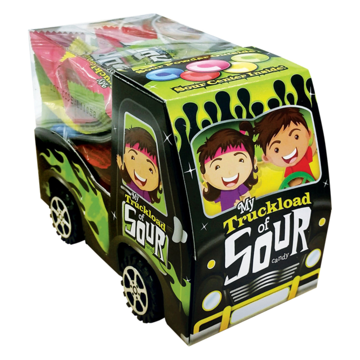 One My Truckload of Sour toy truck with wheels and a clear top showing wrapped candy packets, printed Sour Powder Outside! Sour Center Inside!