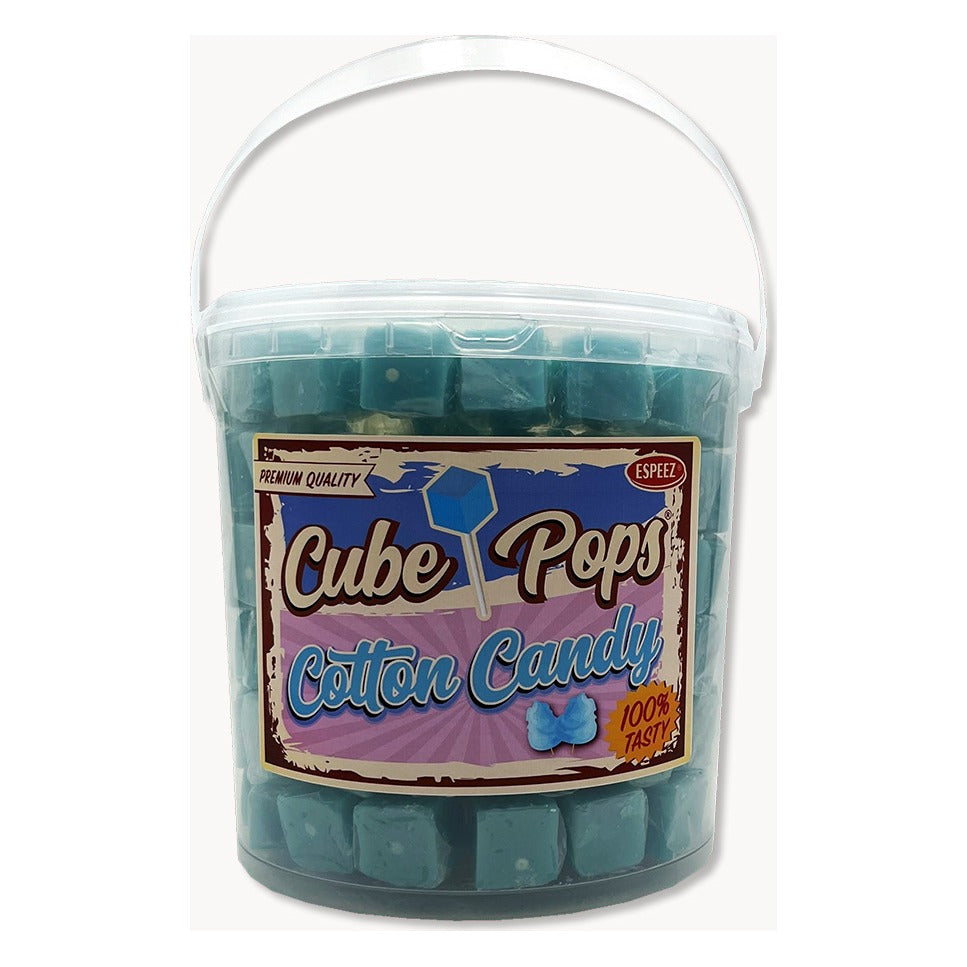 Espeez Cotton Candy Cube Pops in a clear plastic bucket with handle, full of light blue cube lollipops, retro Cube Pops Cotton Candy label