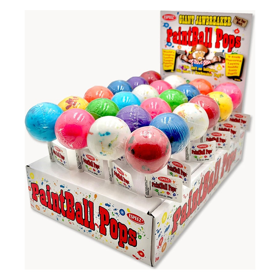 Espeez Paintball Pops display box with a Giant Jawbreaker header card, holding paint-splattered jawbreaker lollipops in many colors