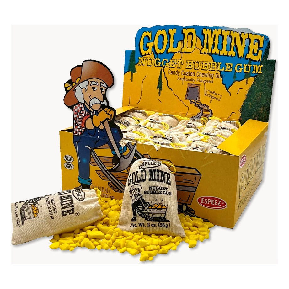 Espeez Gold Mine Nugget Bubble Gum display box with a prospector cut-out, filled cloth pouches and loose gold-colored gum nuggets