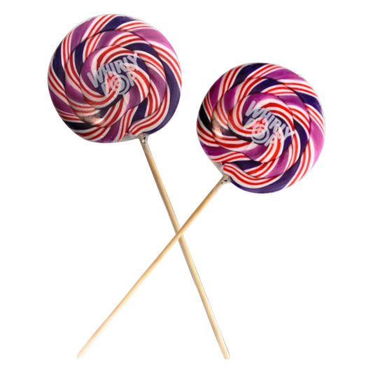 Two Whirly Pop 6 oz assorted swirl lollipops striped red, purple and white, with sticks crossed