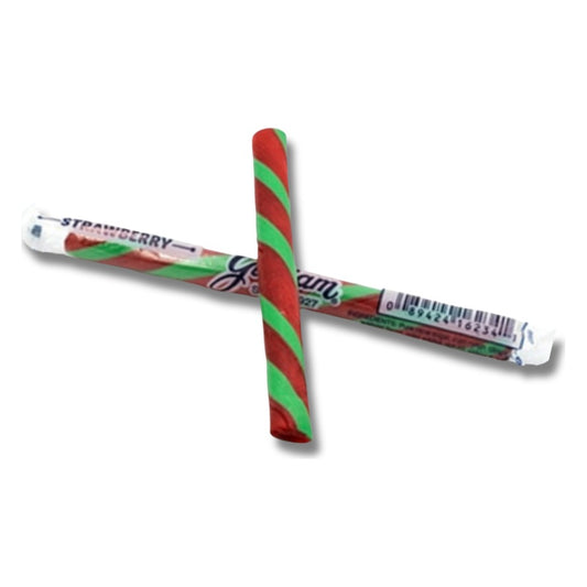 Gilliam strawberry stick candy: one stick in its printed STRAWBERRY wrapper crossed with an unwrapped red-and-green striped stick