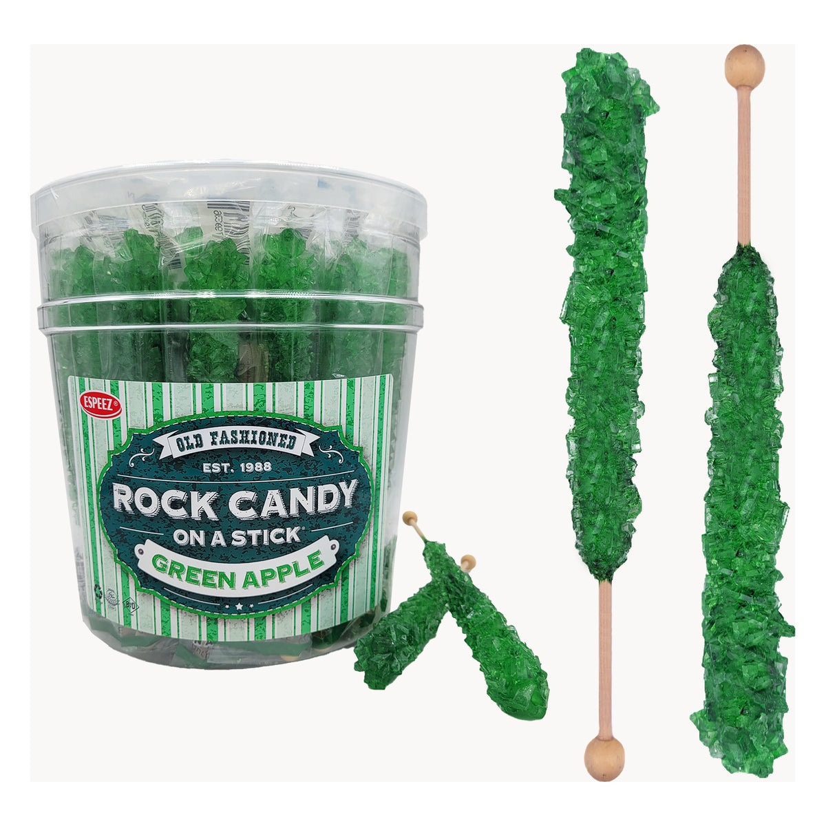 Espeez Green Apple Rock Candy on a Stick tub shown with loose dark green rock candy sticks