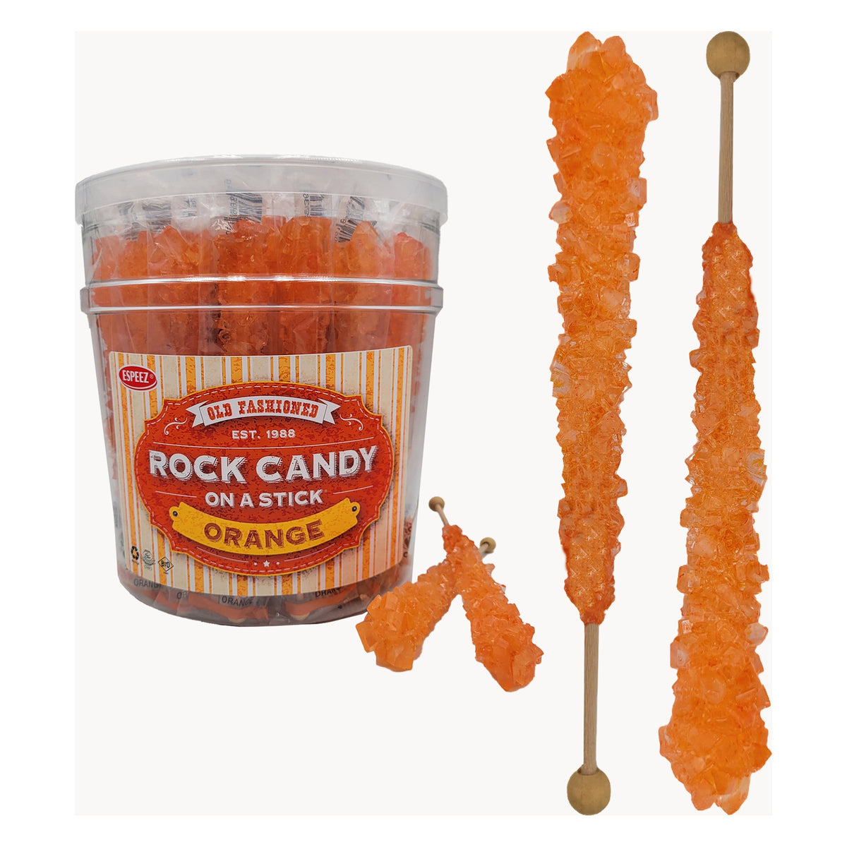 Espeez Orange Rock Candy on a Stick tub shown with loose orange rock candy sticks