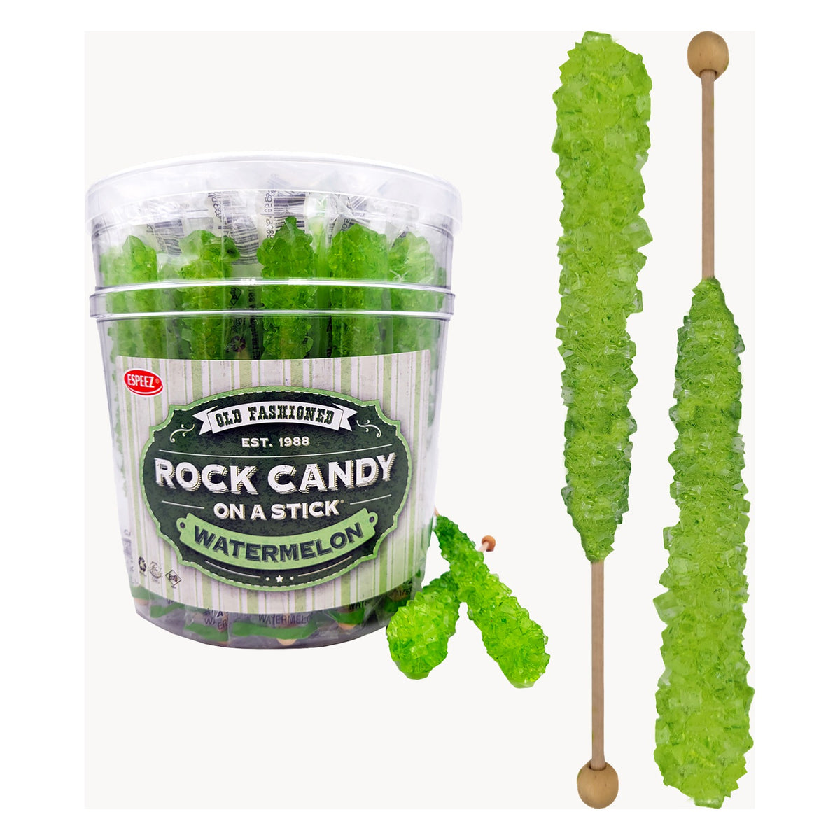 Espeez Watermelon Rock Candy on a Stick tub shown with loose light green rock candy sticks