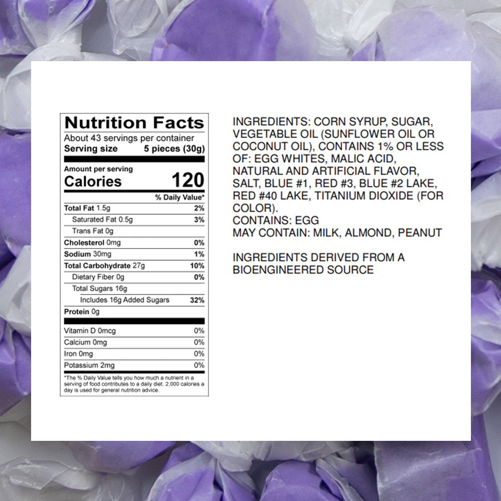 Nutrition Facts and ingredient panel for Sweet's Huckleberry taffy, listing Red #40 Lake, Red #3, Blue #1, Blue #2 Lake and titanium dioxide