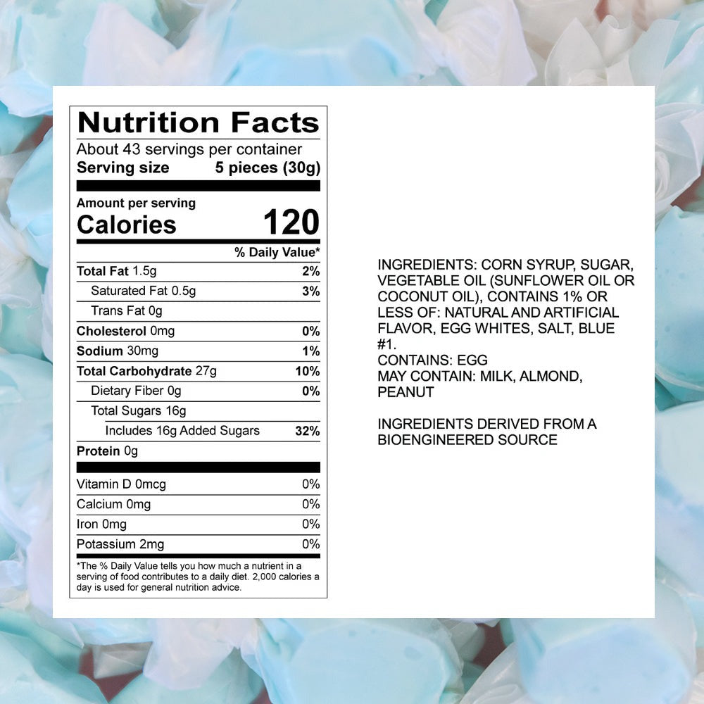 Nutrition Facts and ingredient panel for Sweet's Cotton Candy taffy, listing Blue #1 and an egg allergen statement