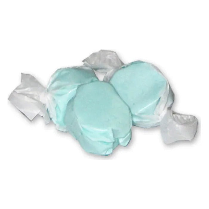 Three pieces of light blue Cotton Candy salt water taffy, one unwrapped