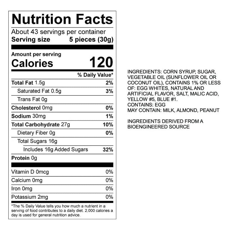 Nutrition Facts and ingredient panel for Sweet's Kiwi Coconut taffy