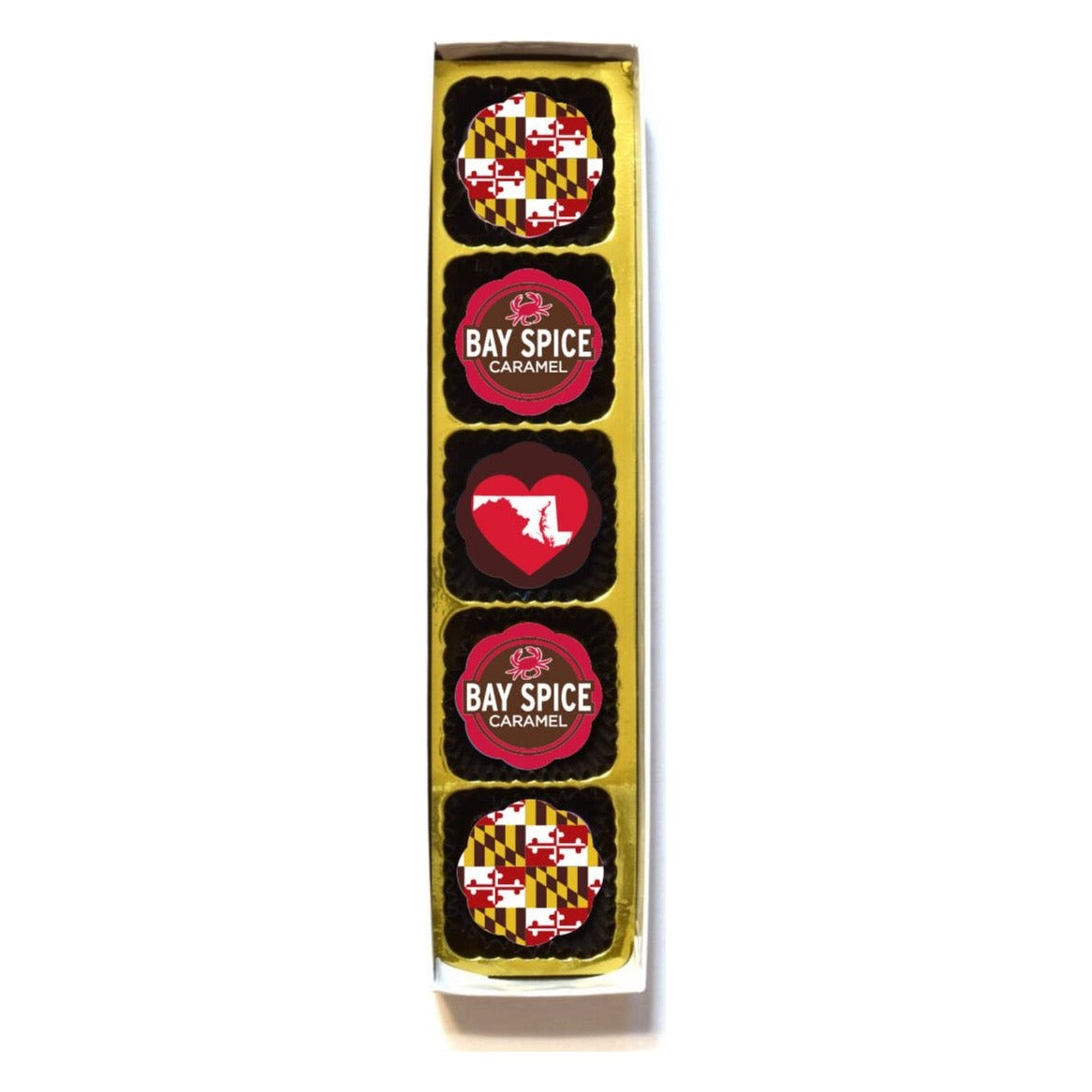 Chouquette Maryland Pride box of 5 in a gold tray: Maryland flag, Bay Spice Caramel with crab, and red heart with the Maryland outline