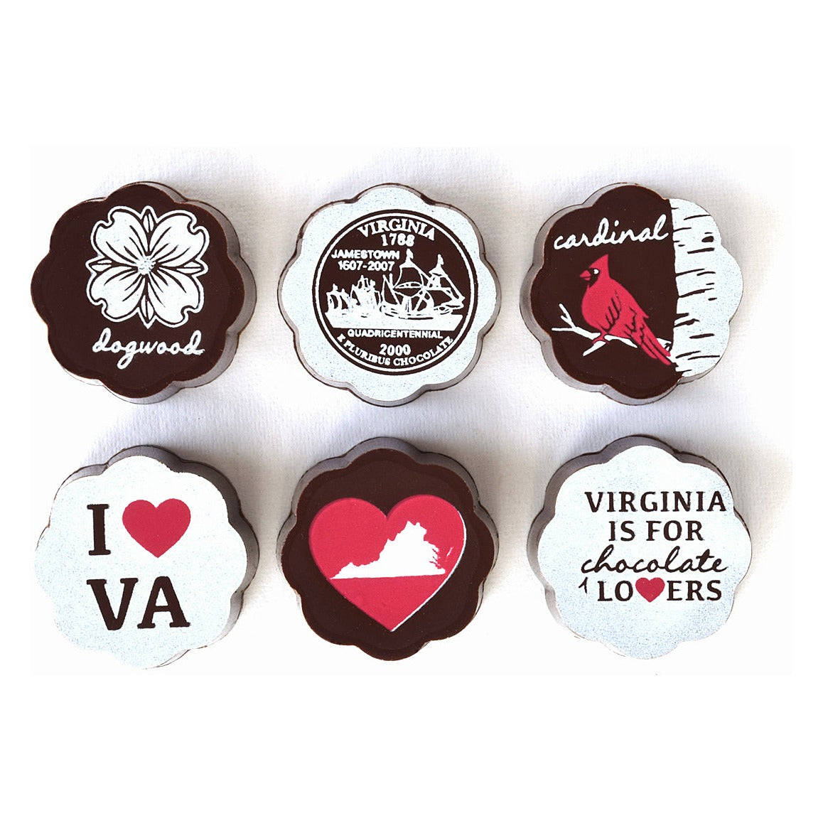 Six Chouquette Virginia chocolate designs: dogwood, Jamestown state quarter, cardinal, I heart VA, heart with the Virginia outline, and Virginia is for chocolate lovers