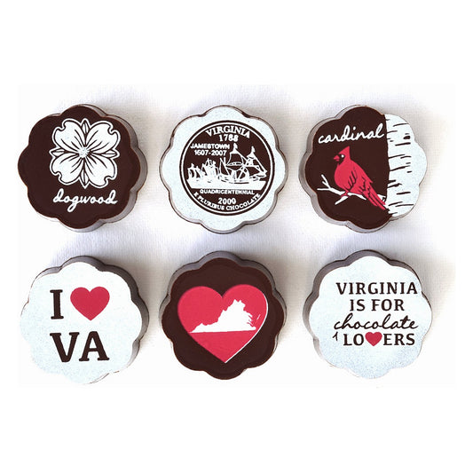 Six Chouquette Virginia chocolate designs: dogwood, Jamestown state quarter, cardinal, I heart VA, heart with the Virginia outline, and Virginia is for chocolate lovers