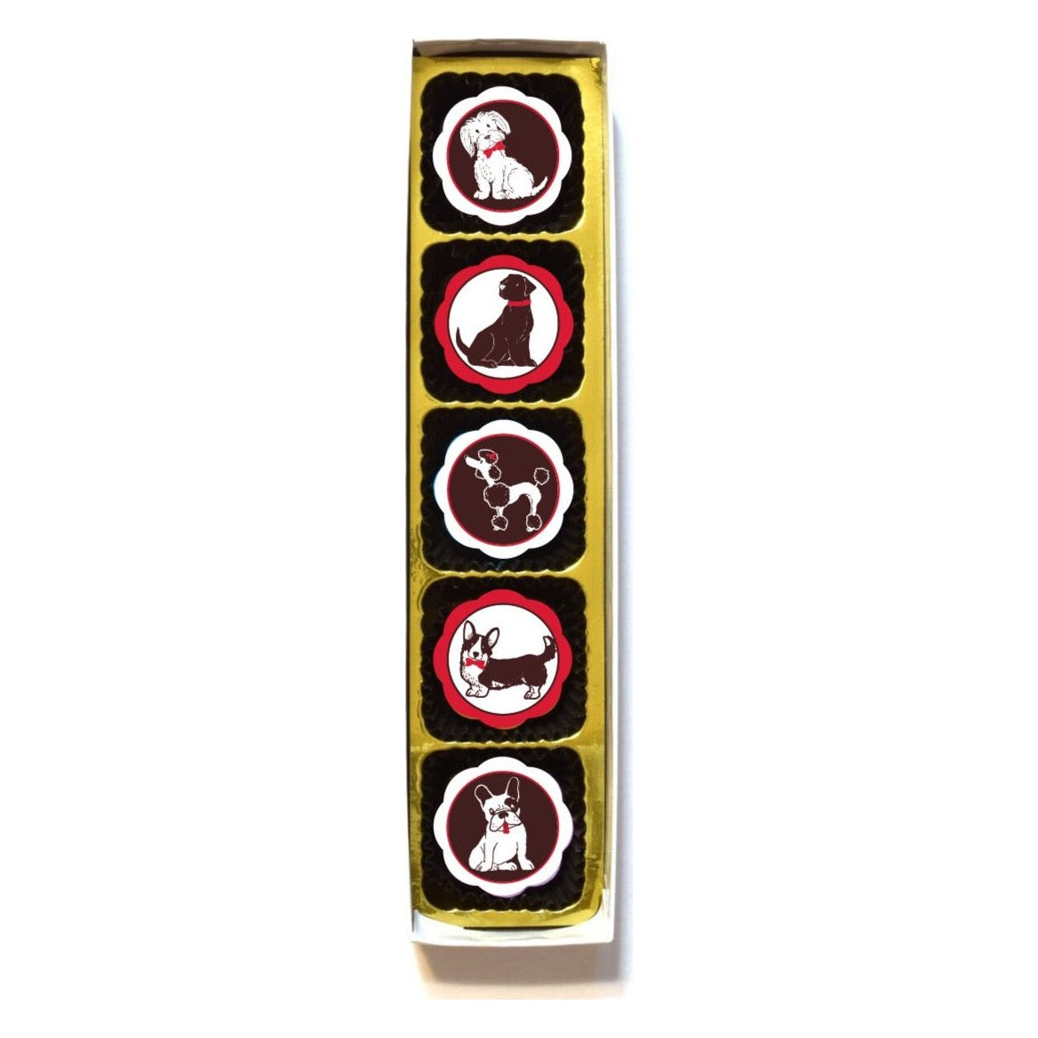 Chouquette Dogs chocolates, box of 5 in a gold tray: shaggy white dog, black dog with red collar, poodle, corgi and French bulldog designs