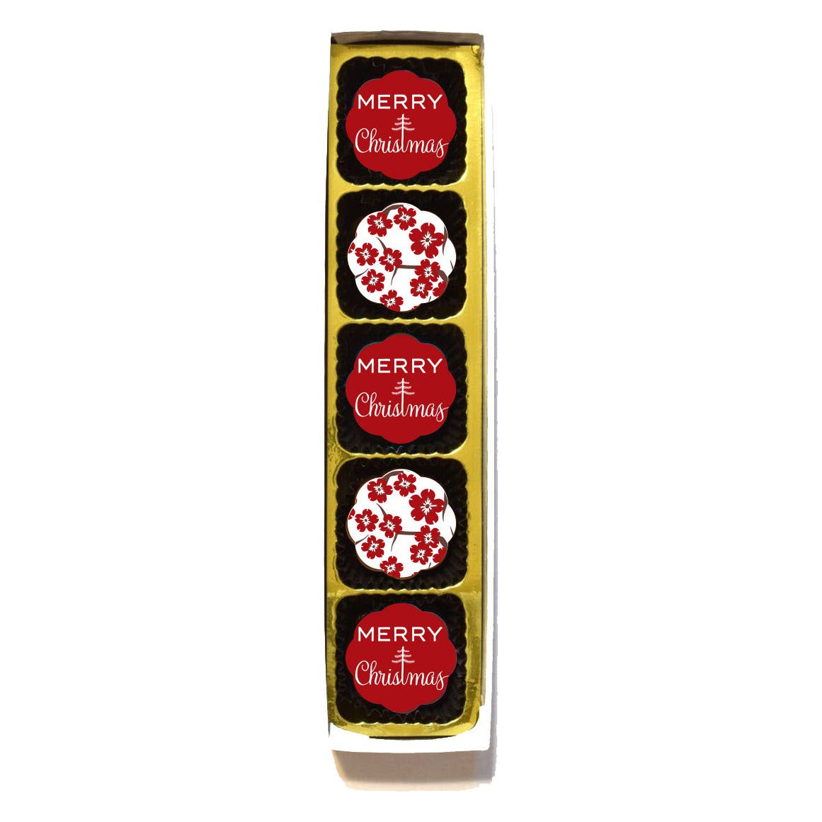 Chouquette Merry Christmas chocolates, box of 5 in a gold tray: three red Merry Christmas pieces and two white pieces with red blossoms